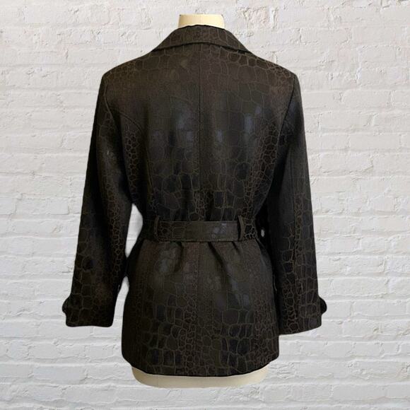 Bisou Bisou Croc Print Belted Jacket Brown/Black Faux Leather Look Trench Size L - Picture 6 of 13
